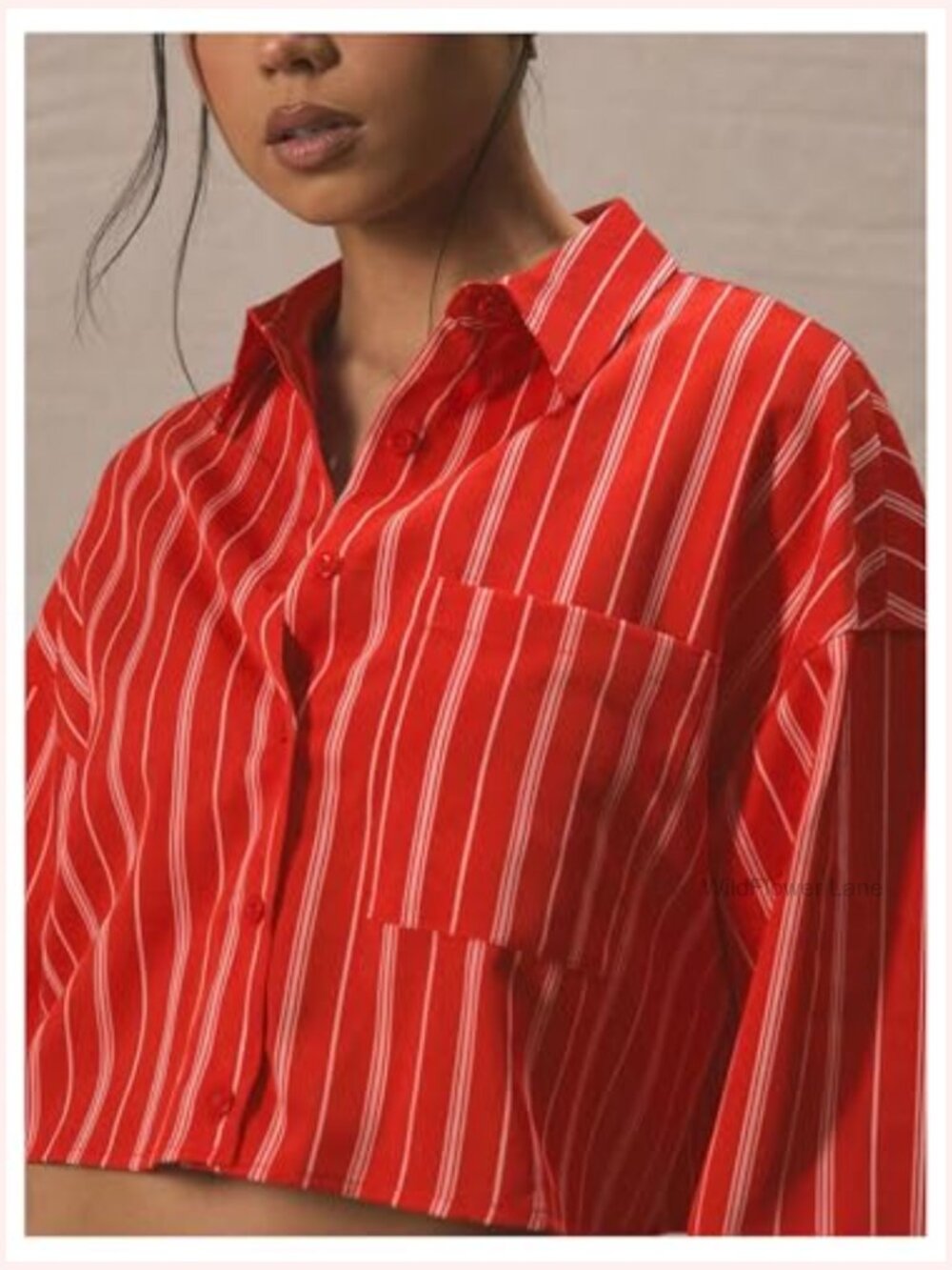 Striped Button Down Crop Top with Collared Neck and Pocket - Picture 2 of 5